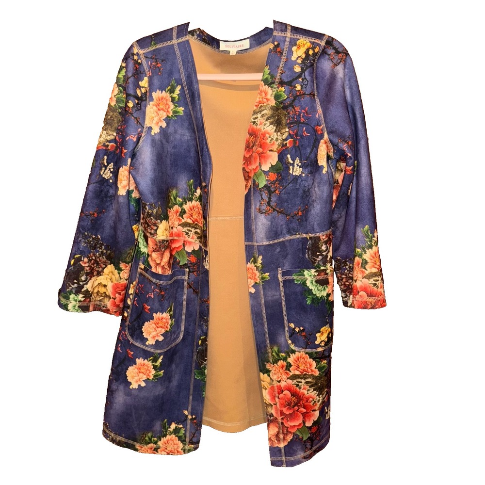 Solitaire Floral Cardigan S Open Front Kimono Boho Duster Artsy Layering Jacket